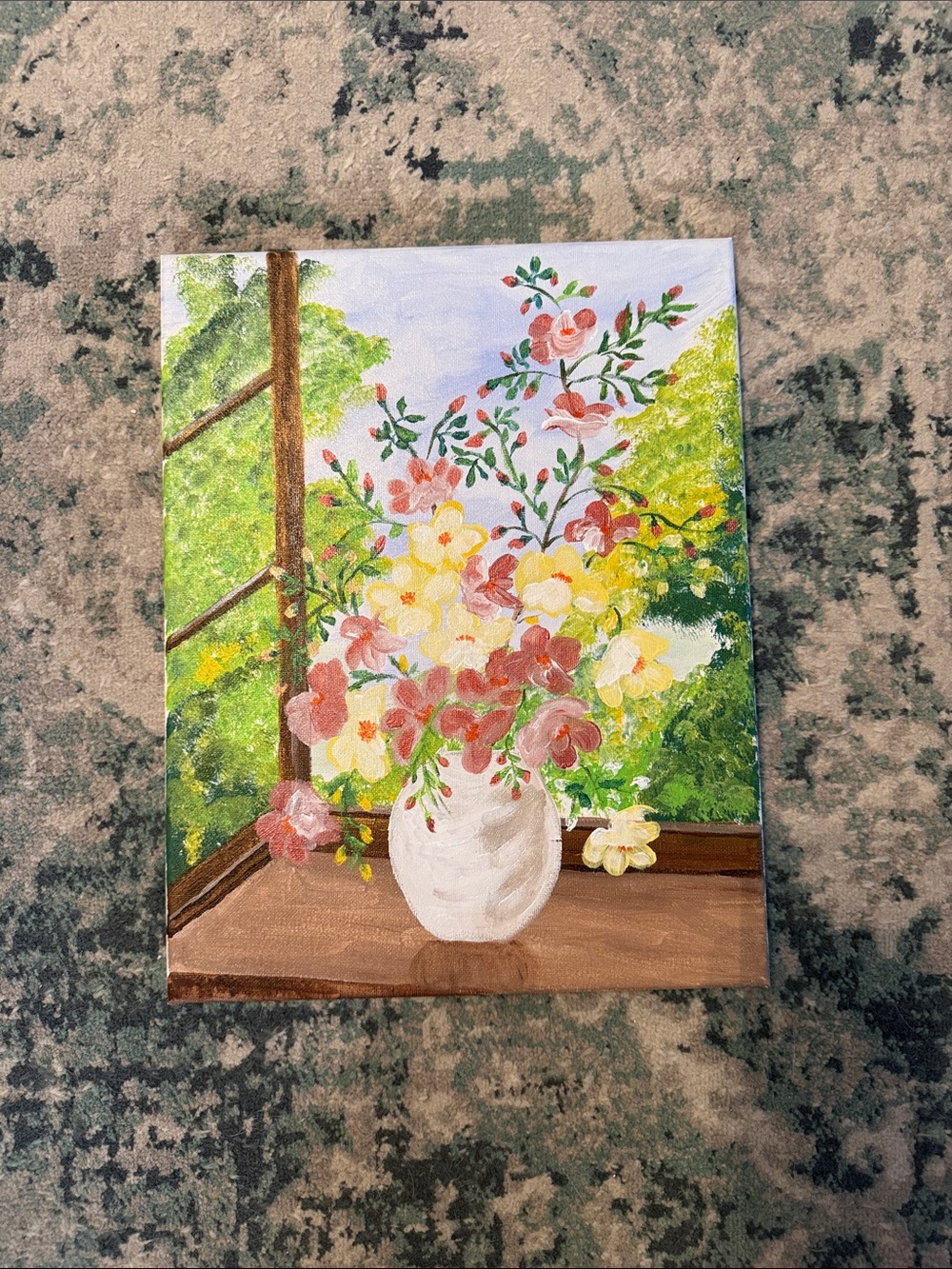 Spring Flowers in Windowsill— acrylics on canvas